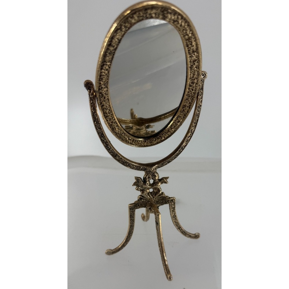 Vintage Gold Tone Vanity Tabletop Swivel Oval Mirror Cherub Hollywood Regency - Picture 3 of 6